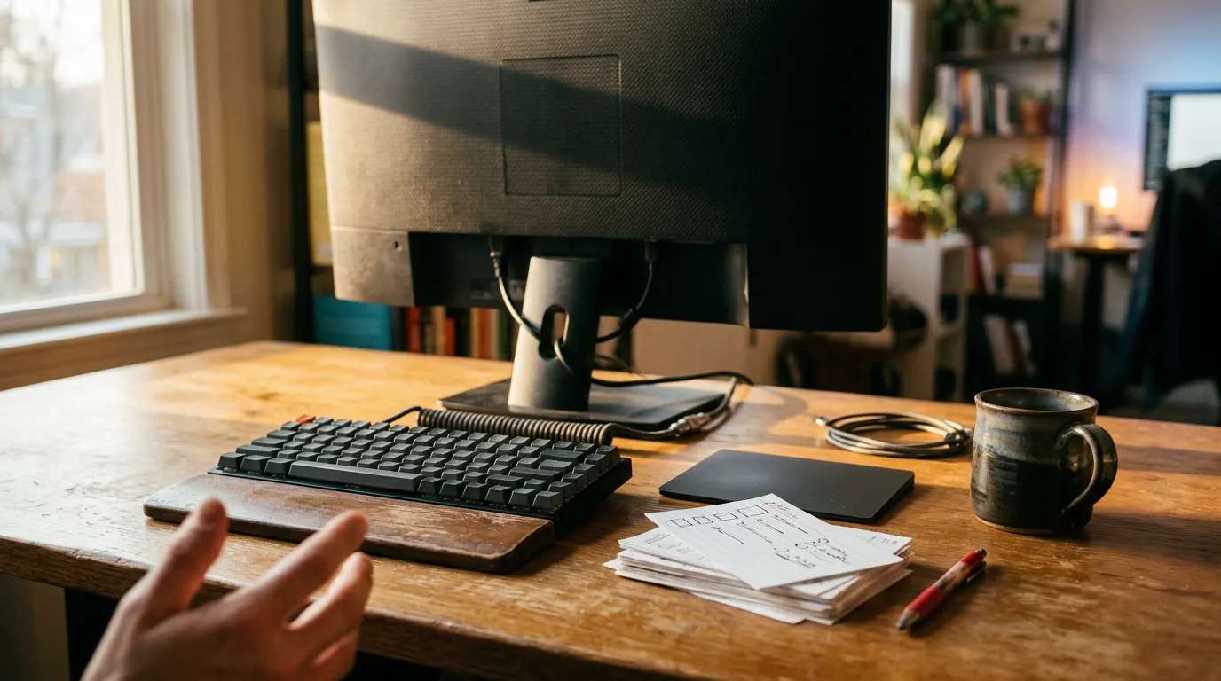Escritorio de desarrollo con teclado, tarjetas de bocetos y una taza, visto desde detrás del monitor