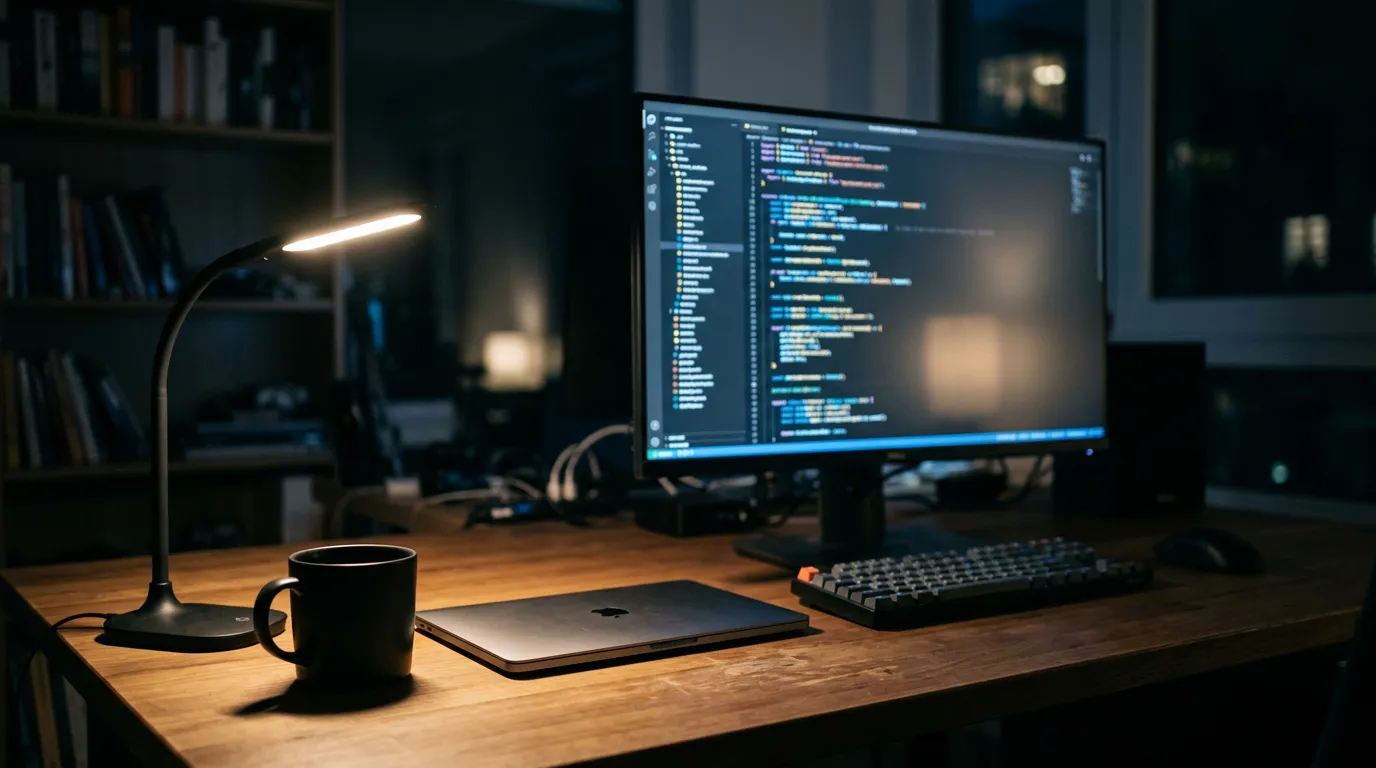 Escritorio de desarrollo nocturno con un monitor mostrando código borroso, una lámpara cálida y una taza de café, fotografía editorial tecnológica.