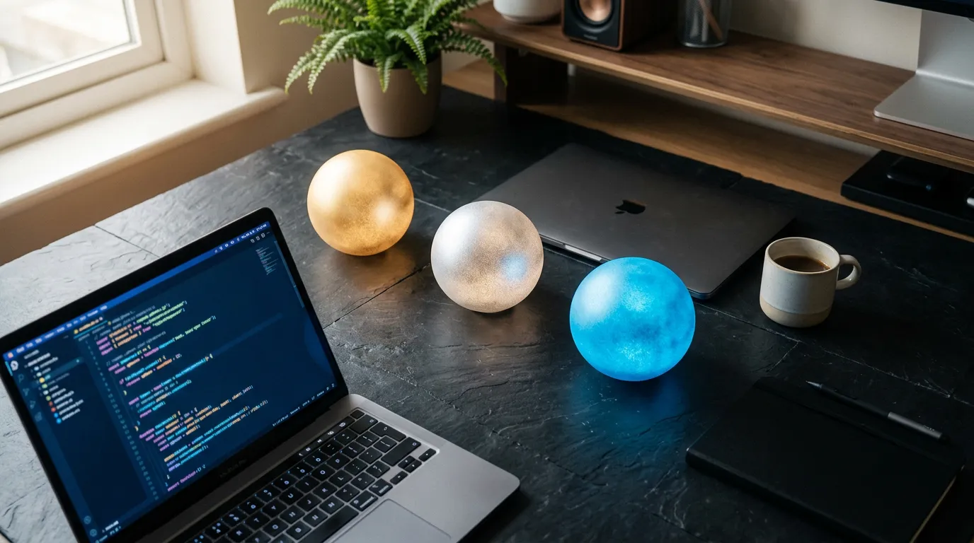 Tres esferas luminosas dorada, plateada y azul sobre una mesa de trabajo con un portátil mostrando código, representando los tres modelos GPT-5.6 Sol, Terra y Luna