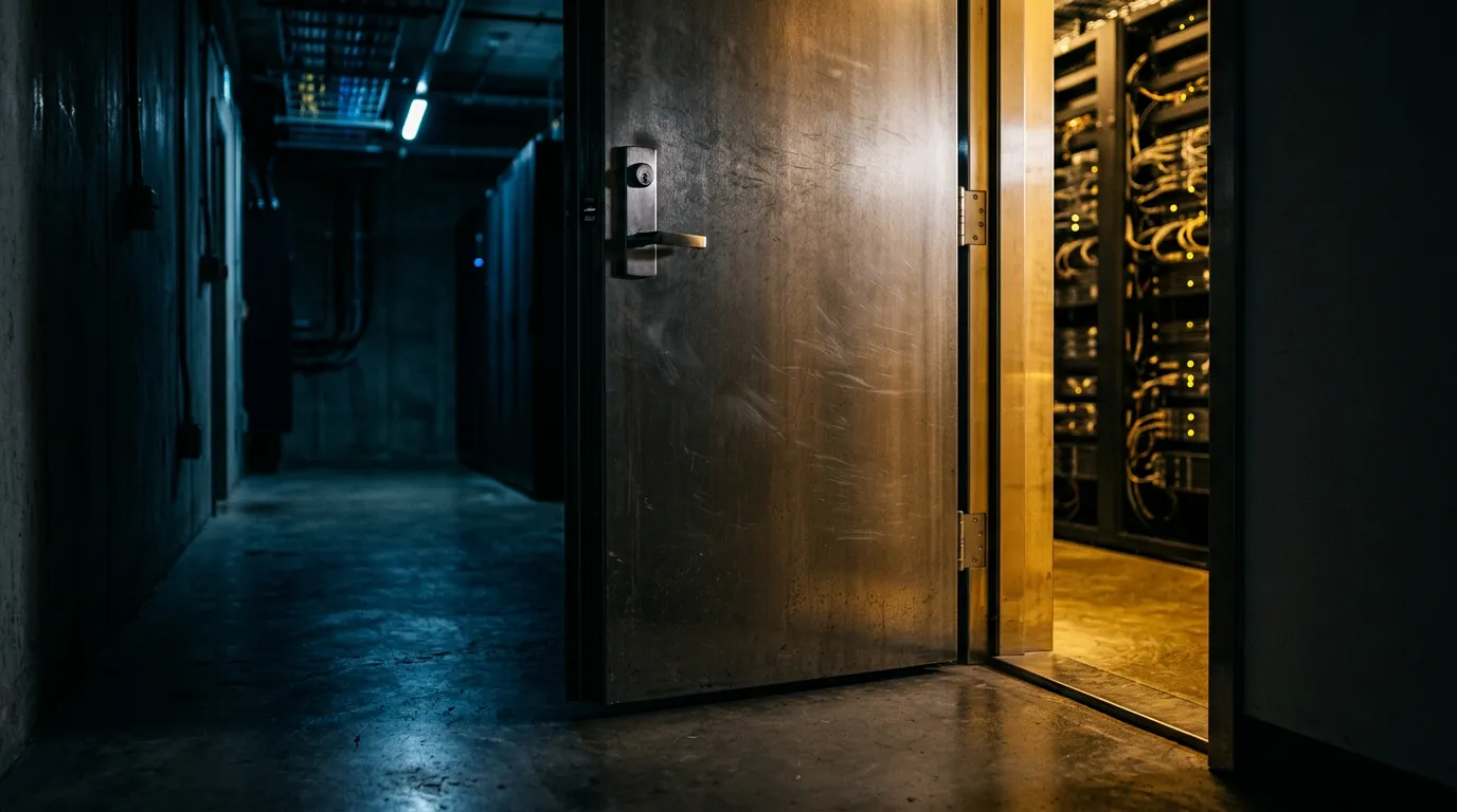 Puerta acorazada de una sala de servidores entreabierta en un pasillo de data center, con luz cálida escapando desde el interior.