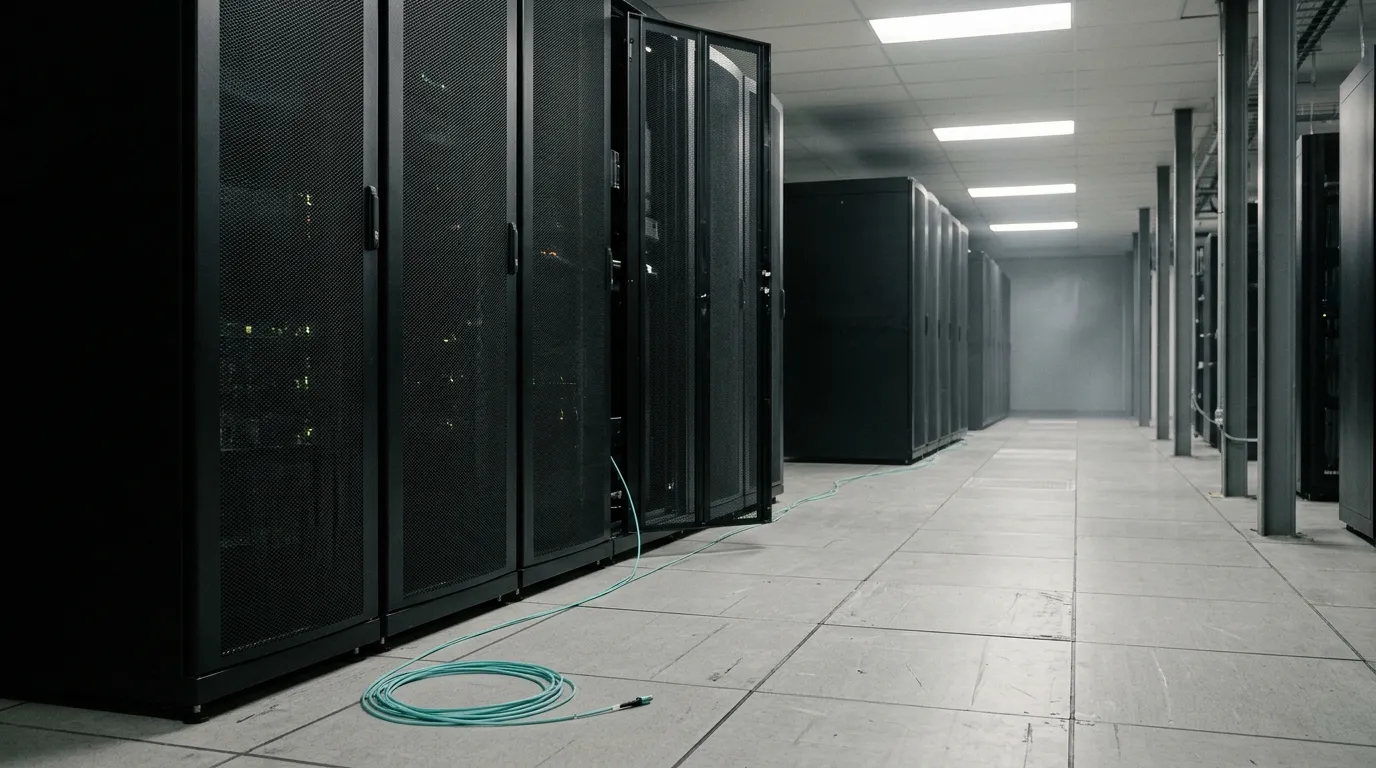 Pasillo de un centro de datos con tres racks negros idénticos y un cable de fibra turquesa sobre el suelo, fotografía editorial de infraestructura.
