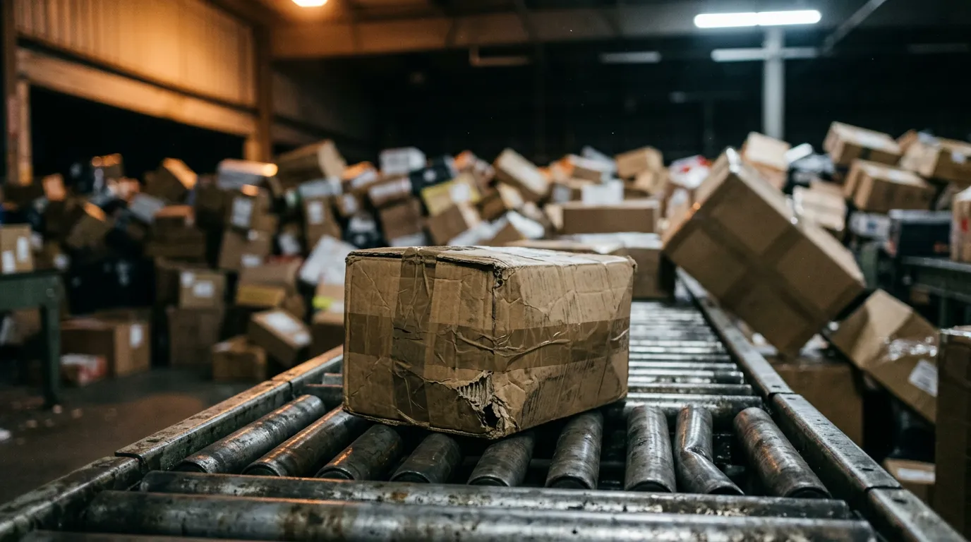Una caja de cartón dañada sobre una cinta transportadora de rodillos en un almacén nocturno, con más paquetes desenfocados al fondo, fotografía documental industrial sobre ataques a la cadena de suministro de software.