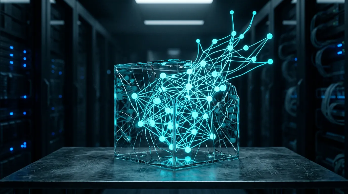 Un cubo de cristal agrietado del que emerge una red de nodos brillantes, con racks de servidores desenfocados al fondo, fotografía tecnológica editorial sobre seguridad de IA.