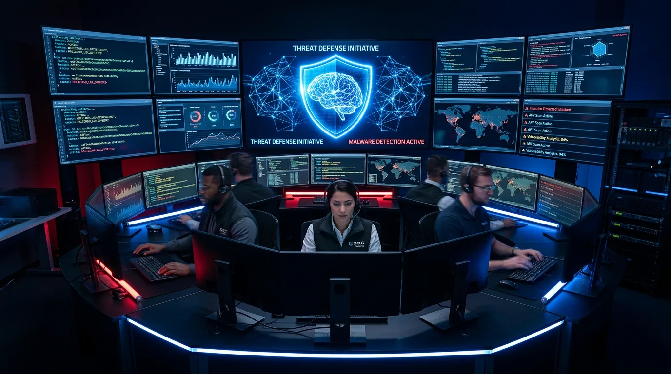 Centro de mando de ciberseguridad digital con múltiples pantallas, escudo azul brillante y redes neuronales, ambiente tecnológico oscuro con iluminación azul y roja.