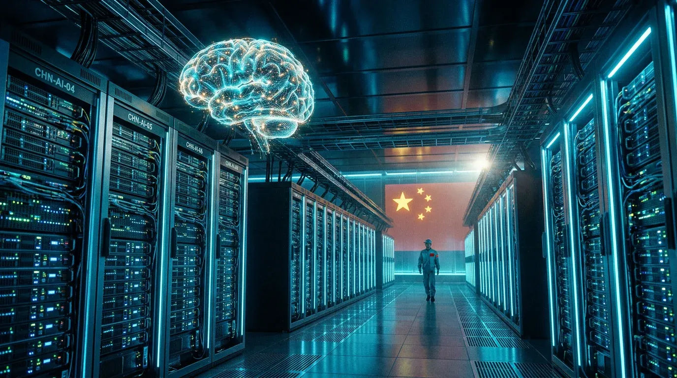 Render artístico de un centro de datos con servidores iluminados en azul y una red neuronal flotando, con la bandera de China al fondo, simbolizando la inteligencia artificial de Moonshot AI.